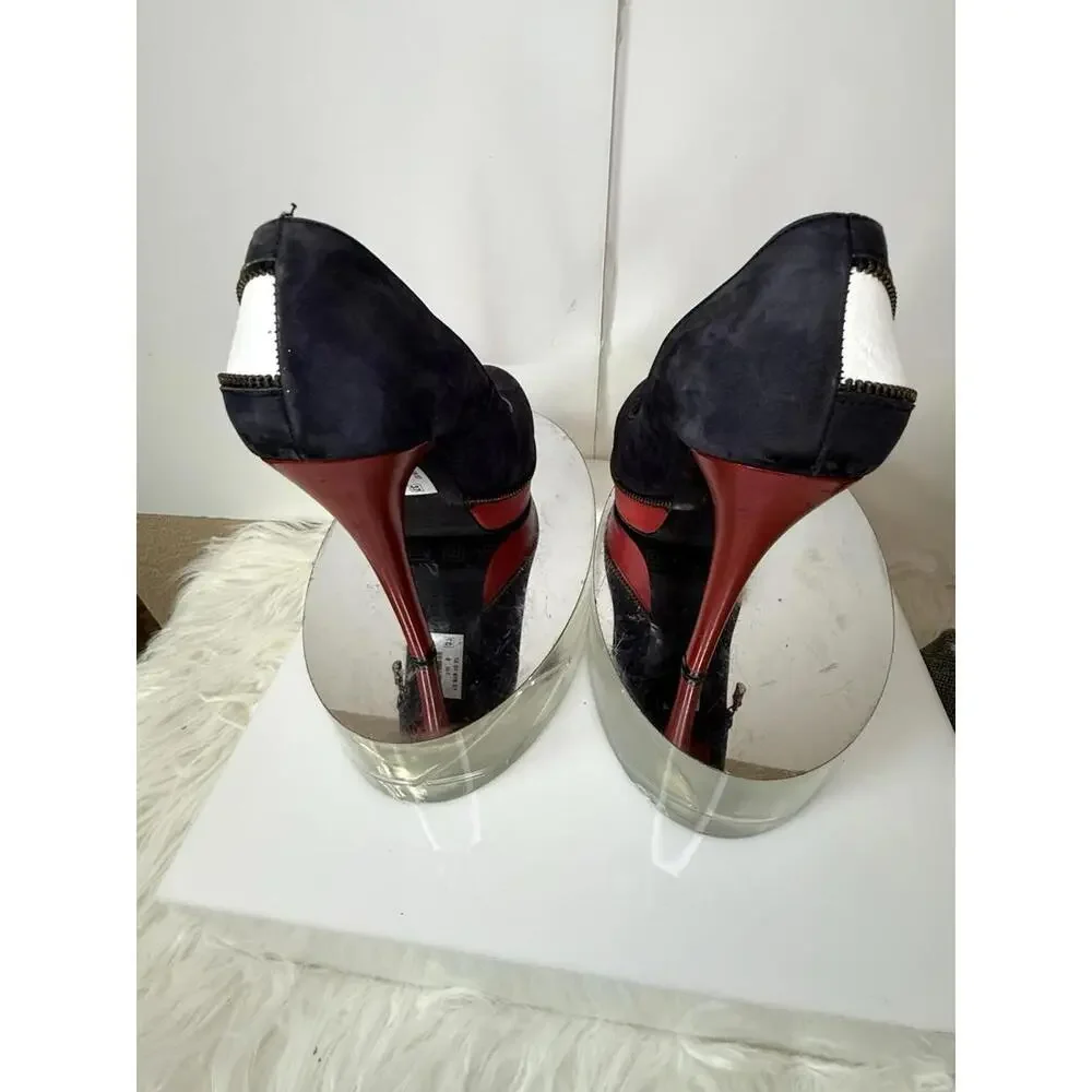 Merlier Blue Red White Suede Heels Womens Leather Sz 6.5 Red Sole High Fashion